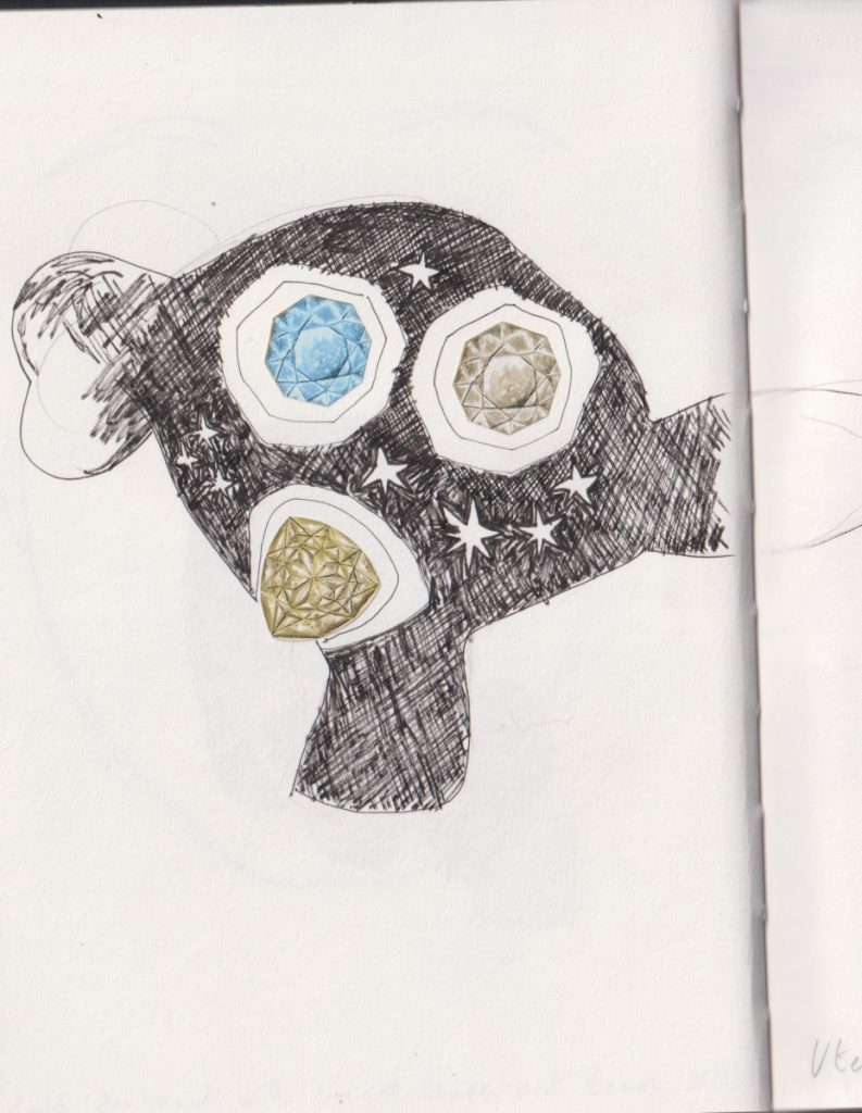 globular shape in ink with three gem stones